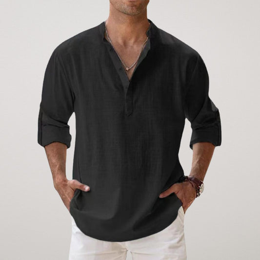 Cotton Henley Shirt with Linen Look