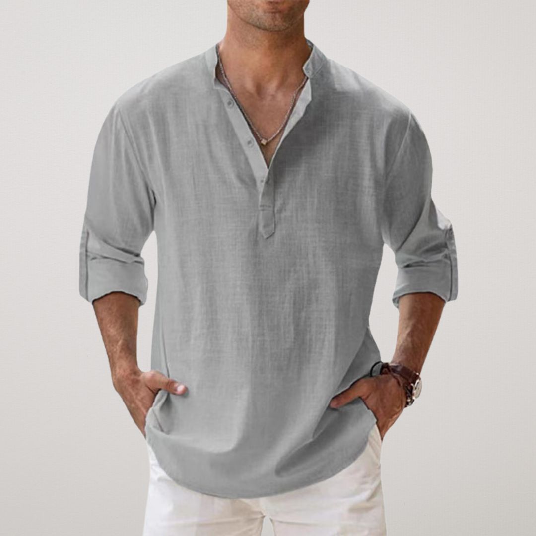 Cotton Henley Shirt with Linen Look