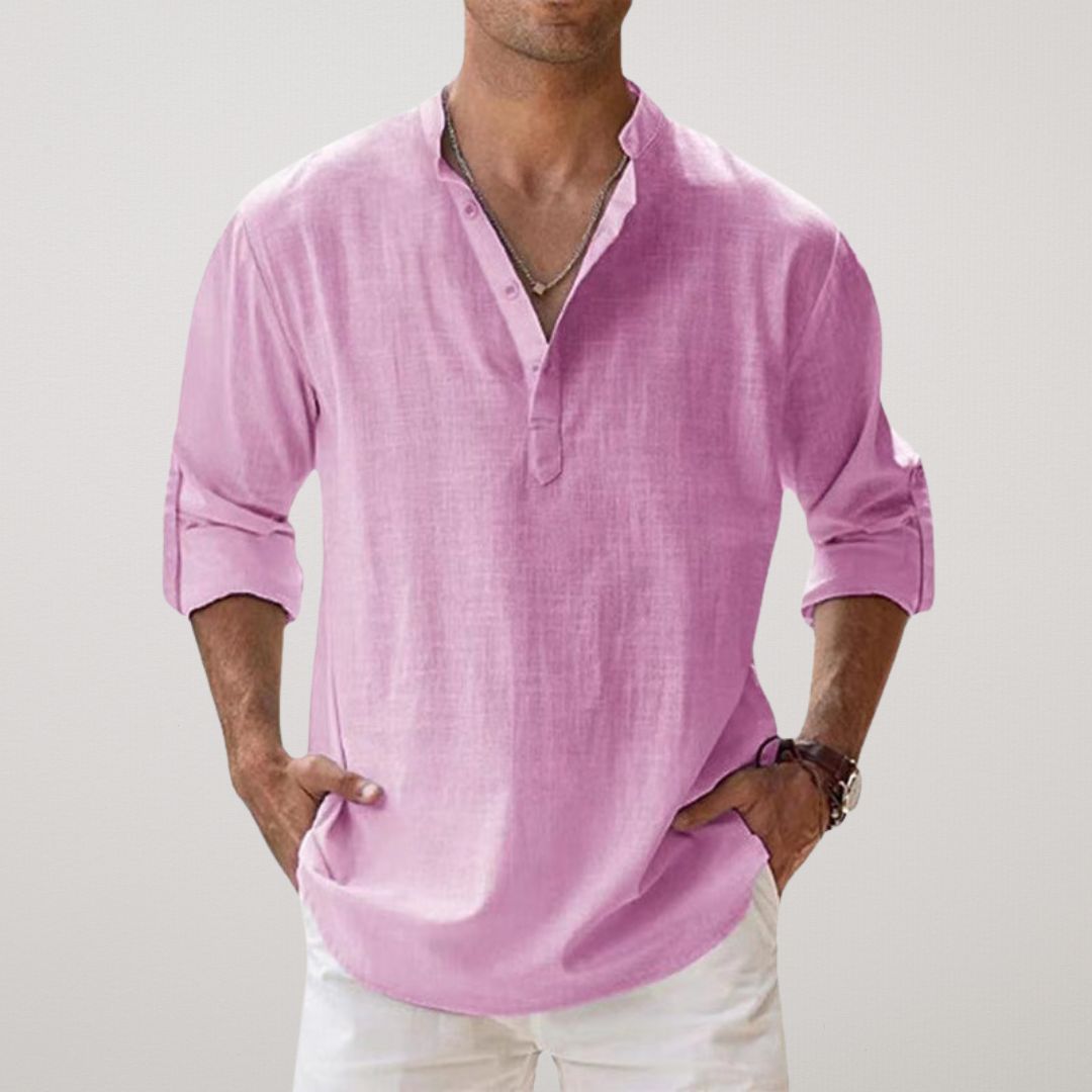 Cotton Henley Shirt with Linen Look