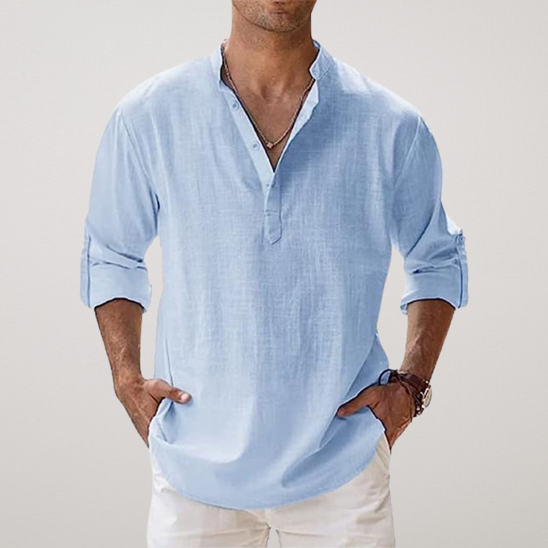 Cotton Henley Shirt with Linen Look