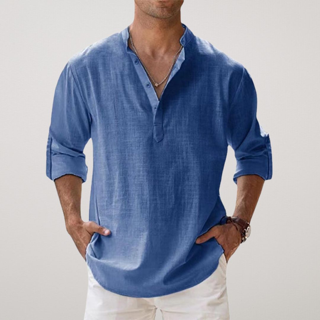 Cotton Henley Shirt with Linen Look