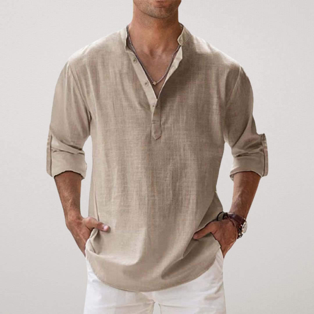 Cotton Henley Shirt with Linen Look