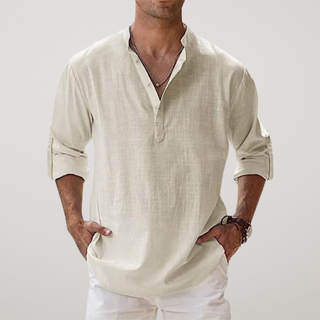 Cotton Henley Shirt with Linen Look