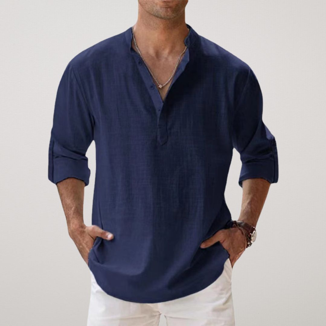 Cotton Henley Shirt with Linen Look