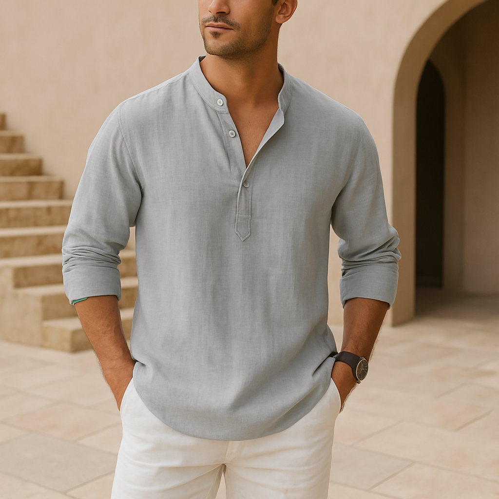 Cotton Henley Shirt with Linen Look
