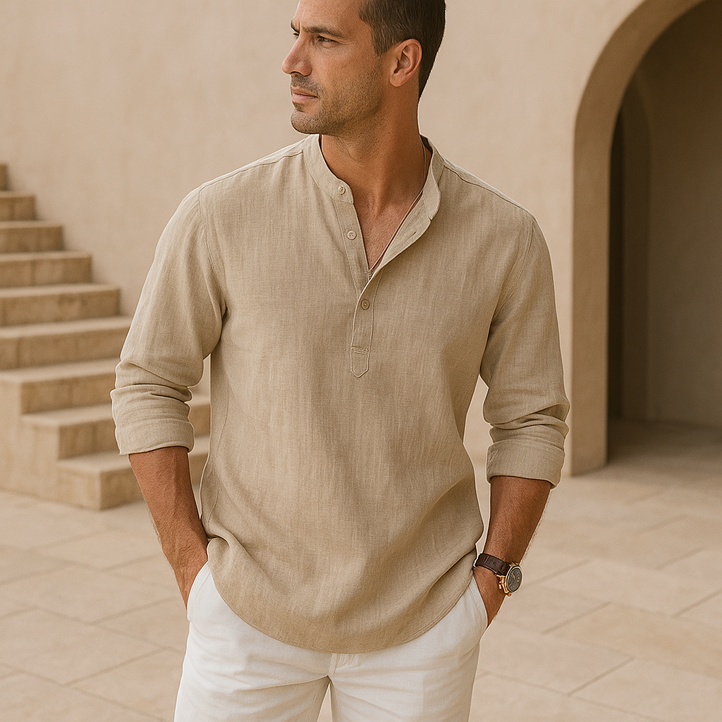 Cotton Henley Shirt with Linen Look