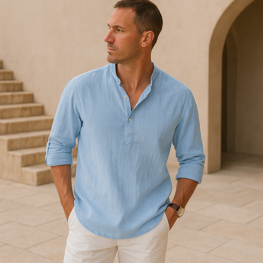 Cotton Henley Shirt with Linen Look