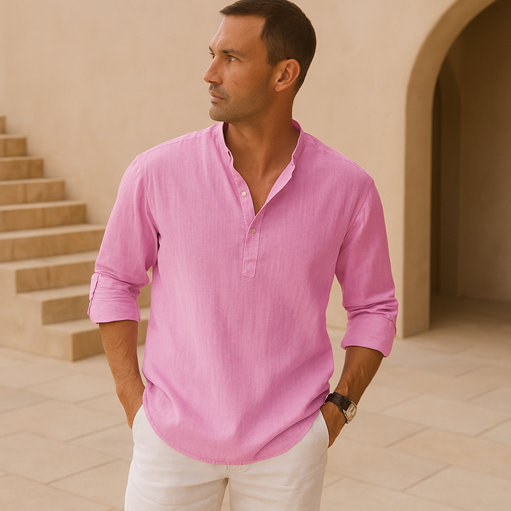 Cotton Henley Shirt with Linen Look